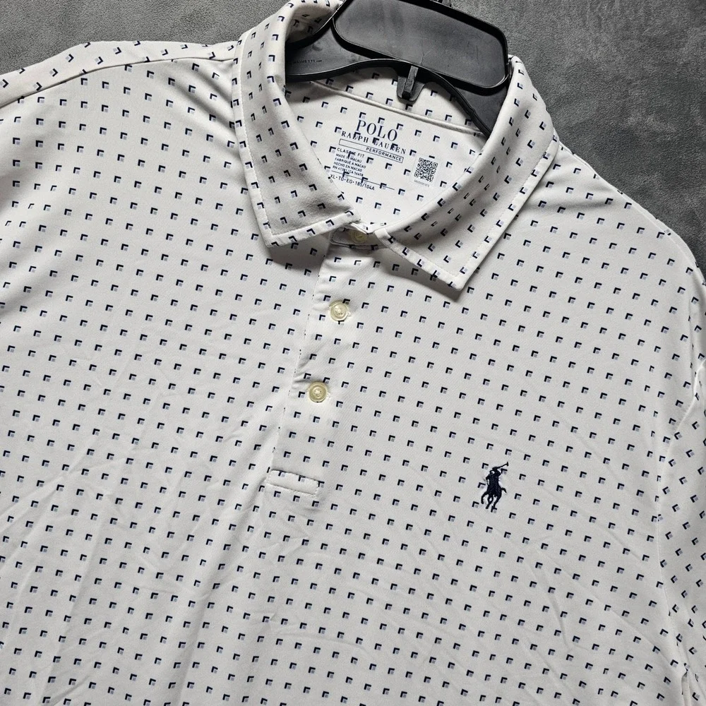 Polo Ralph Lauren Performance Men's XL White Navy Blue Geometric Golf Polo Shirt